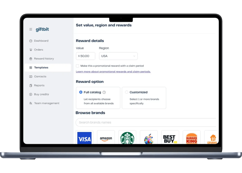 Giftbit dashboard UI on a laptop.