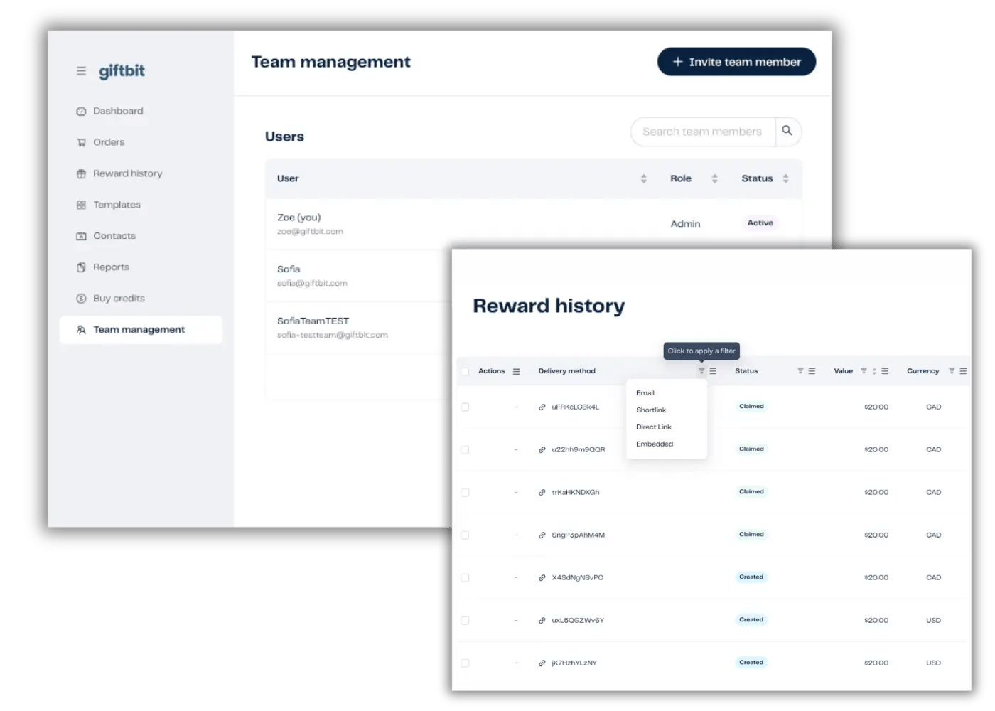 OPT team management and reward history