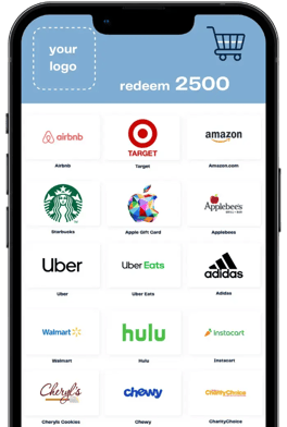 cell phone displaying gift card brands available for redemption, including Apple, Amazon, and Target