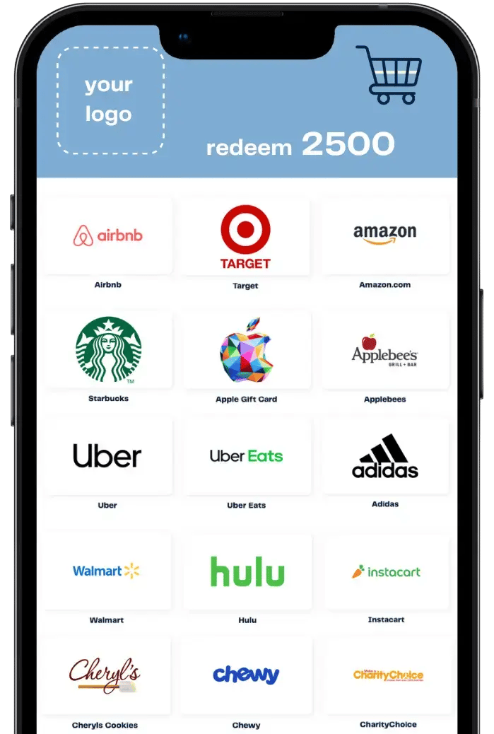 cell phone displaying gift card brands available for redemption, including Apple, Amazon, and Target