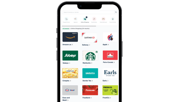 cell phone with canadian gift card options displayed no shadow